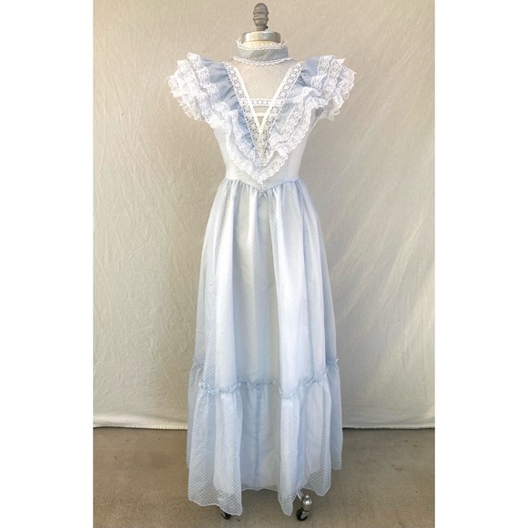 Vintage Dresses & Skirts - Vintage 80's Blue Lace Polka Dot Ruffle Maxi Dress